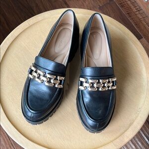 ANTONIO MELANI Black and Gold Flats with Chain Detail